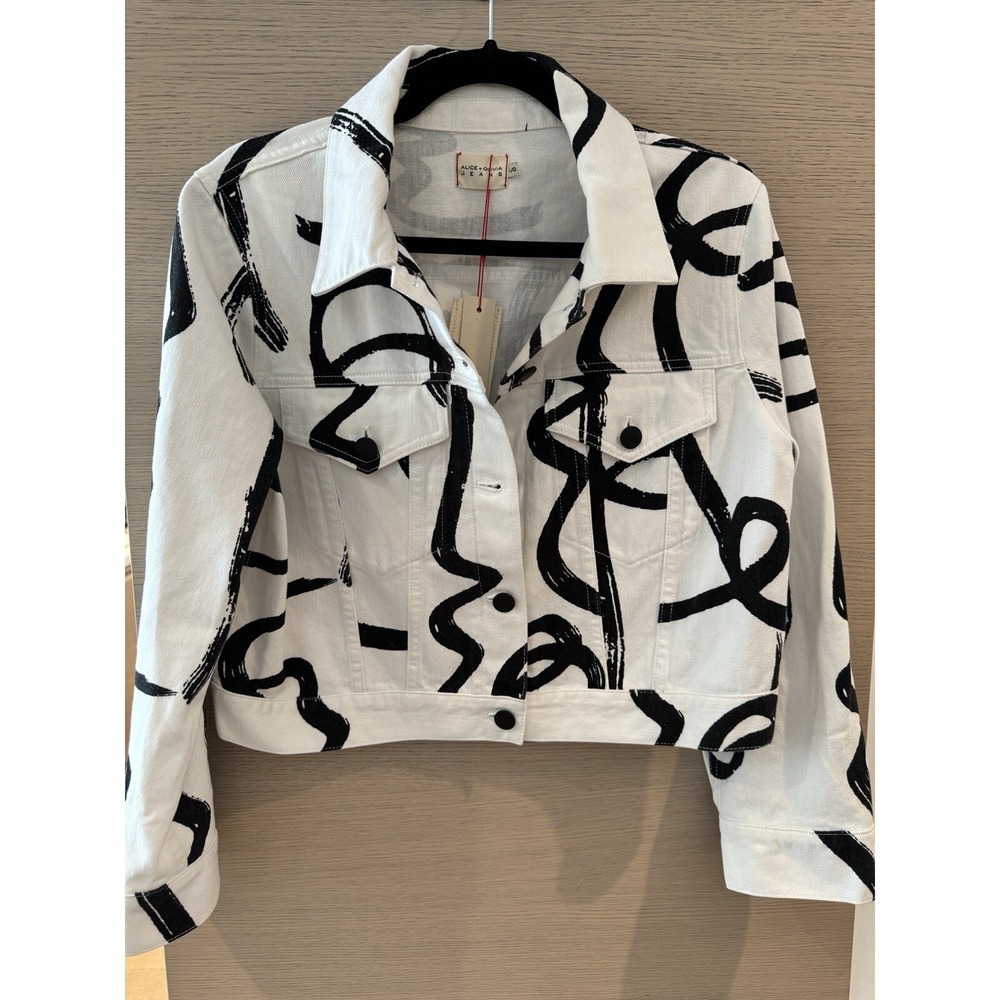 Alice+Olivia Chloe boxy white denim jacket artist shira barzilay collab - Picture 3 of 8